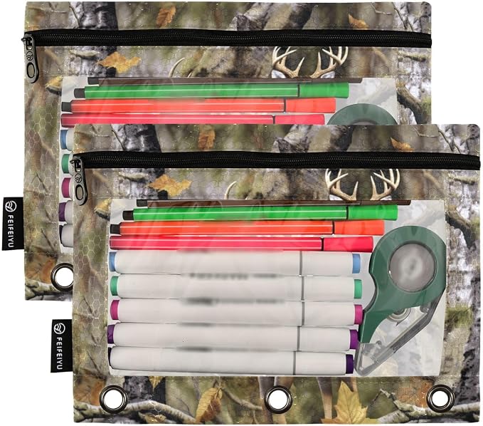 Camo Deer Hunting Pencil Pouches for 3 Ring Binder, Zipper Binder Pencil Case, 2 Pack Clear Window Case Bag for Office Organizers