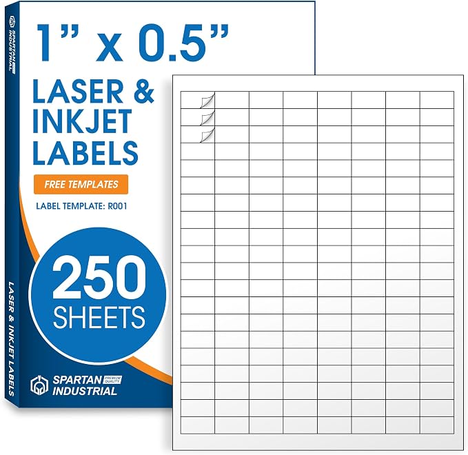 1" X 0.5" Matte White Printable Barcode Labels (250 Sheets, 40000 Stickers) | UPC Labels and Price Tags for Laser & Inkjet Printers - Spartan Industrial Template R001