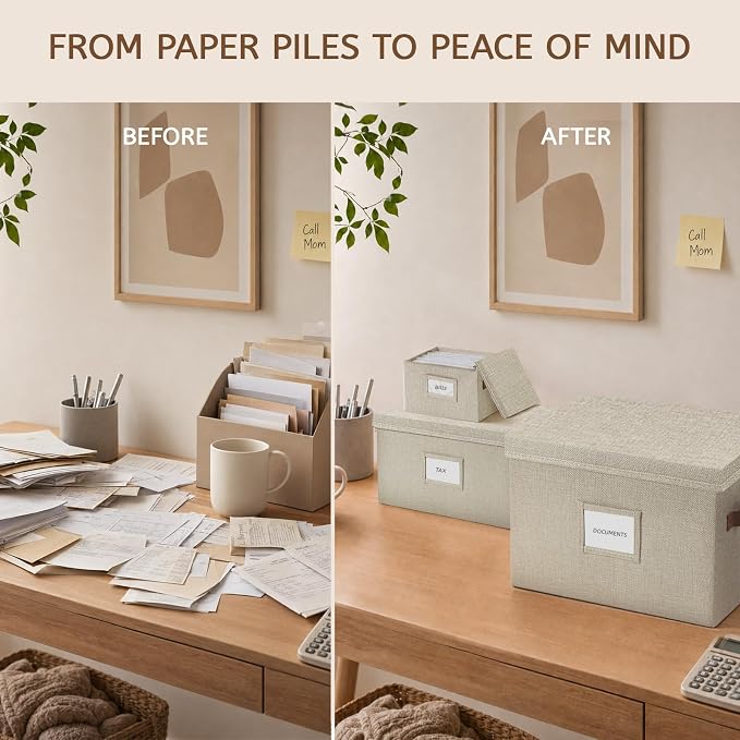 2-Pack Collapsible Document Storage Bins with Lid, Beige | Office files & board games | Fits A4/B4 papers | Stackable | Dust-proof | Includes labels & glue dots