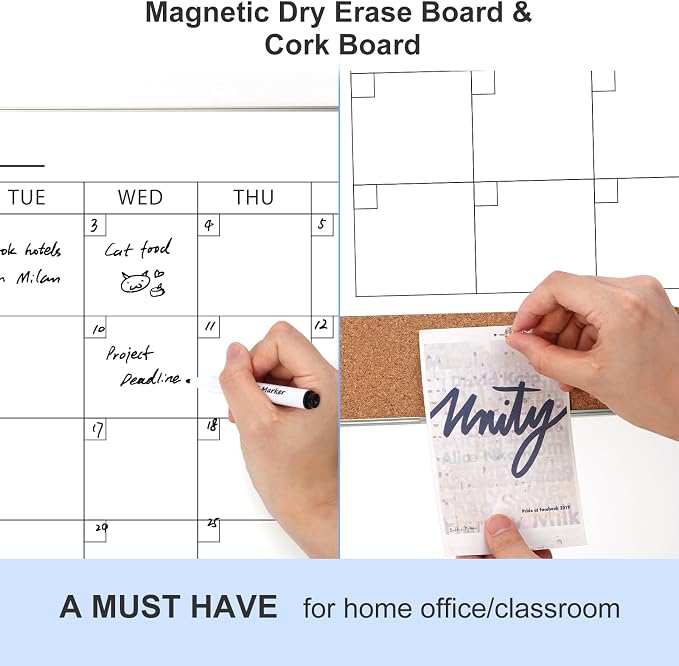 ARCOBIS Dry Erase Calendar with Cork Board for Wall, 24"x 18" Magnetic Calendar Whiteboard with Silver Frame, Monthly Combination Board for School, Home, Office