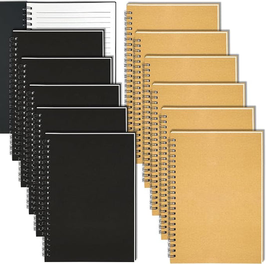 12Pack Small Spiral Notebook A5, 8.25x5.5” 120 Lined Pages Black & Brown Wide Ruled Spiral Journal Bulk Blank Kraft Cover Spiral Bound Notebook & Writing Pads for Home Office Meeting Work Note Taking
