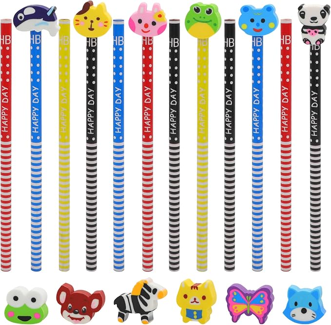 Cute Pencils for Kids, Fun Pencil with Erasers Toppers, Woodcased #2 Pencils for School Classroom(12 Pack)