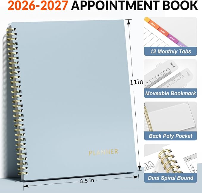 SUNEE 2026-2027 Appointment Book, Quarter-Hourly, Weekly & Monthly - from July 2026 to June 2027, 8.5"x11" Academic Planner, Flexible Cover, Note Pages, Bookmark, Spiral Binding, Blue