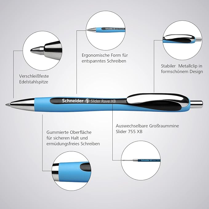 Schneider Slider Rave XB (Extra Broad) Ballpoint Pens, Refillable + Retractable, 1.4 mm, Light Blue Barrel, Blue Ink, Box of 5 Pens (132503)