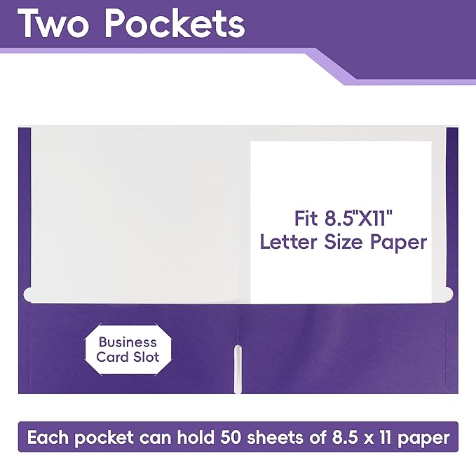 VZCPYTPM 50 Pack Purple Folders with Pockets,2 Pocket File Folders for Letter Size (8.5 x 11 Inch),Professional Design with Business Card Slot for Office and School Organization