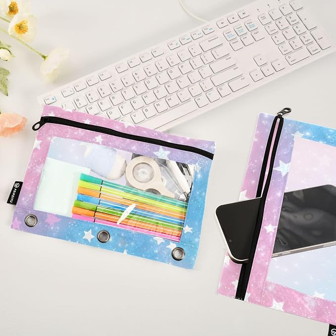 ALAZA Pencil Pouch for 3 Ring Binder, Star Pink Blue Sky Binder Pencil Pouches with Clear Window Zipper Pencil Case Cosmetic Bags for Office College Supplies, 2PCS