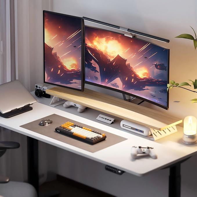Fenge Monitor Stand Riser, Wooden & Metal Desk Shelf Organizer, Oak | 42.5 Inch Dual Monitor Riser for 2 Monitors, Multifunctional Monitor Shelf for Laptop, PC, Printer