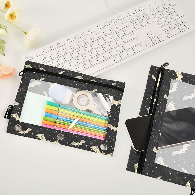 Binder Pencil Pouches, Bats and Stars Pencil Case with Clear Window 3 Rings Pen Case Holder School Office Supplies Cosmetic Makeup Bag