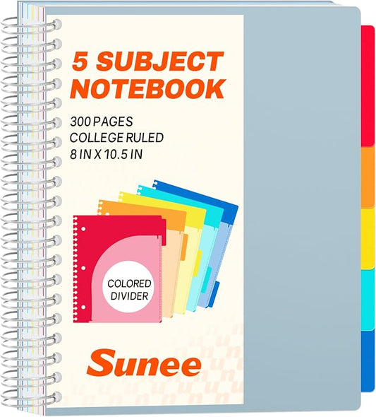 SUNEE Spiral Notebooks for Work with Removable Dividers & Tabs – College Ruled 5 Subject, 300 Pages, 3 Hole Punched, Durable PP Cover, 8"x10.5" – Notebooks for Office or School, Grey Blue
