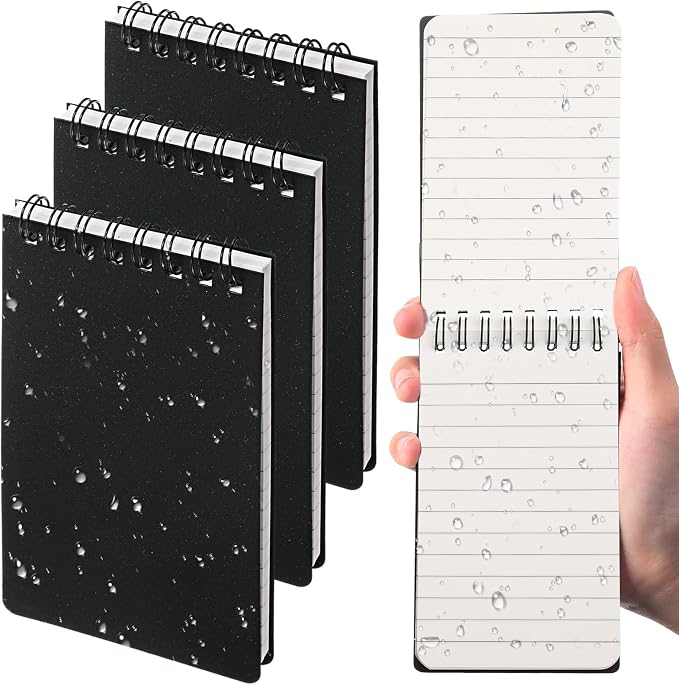 Geyoga 3 Pack Waterproof Small Notebooks 3 x 5 Top Spiral Notepads 100 Pages Mini Journals Pocket Notebooks Hardcover Memo Pads for Outdoor Work School (Black)