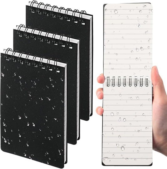 Geyoga 3 Pack Waterproof Small Notebooks 3 x 5 Top Spiral Notepads 100 Pages Mini Journals Pocket Notebooks Hardcover Memo Pads for Outdoor Work School (Black)