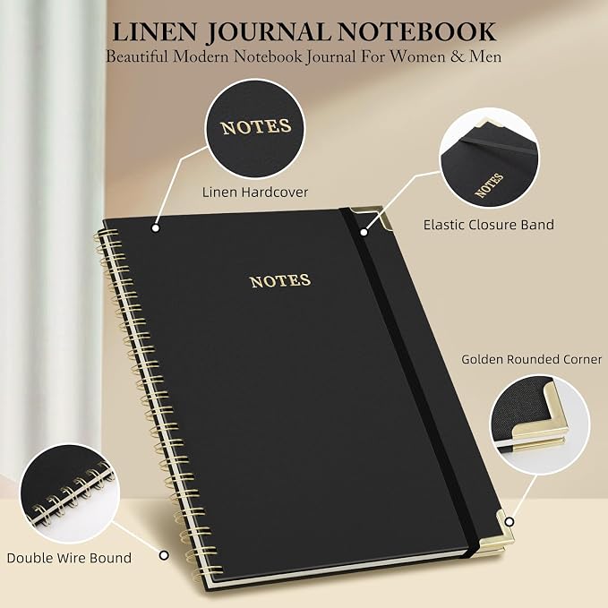 A4 Large Spiral Notebook Journal,(8.5×11'') 100 Pages Linen Hardcover College Ruled Journaling For Work & Note Taking Thick Spiral Journal For Writing Daily Journal For Women & Men- Black
