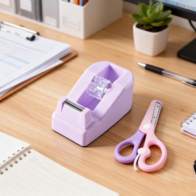 XEUZK Desktop Tape Dispenser Kits with Weighted Nonskid Base Tape Dispenser- Includes 9 Rolls of Transparent Tape(0.71 Inch x 500 inches Each) & Pink Scissors, 2 Pcs Tweezers (Purple)