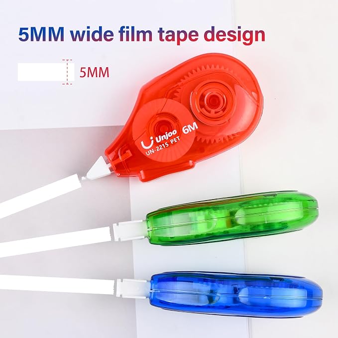 Unjoo White Correction Tape, For school, Office(12pack, 6Mx0.2,3 colors) | Easy To Use Applicator, Fast Clean Tear-Resistant Tape, 6M/256", Tape Width 0.2in
