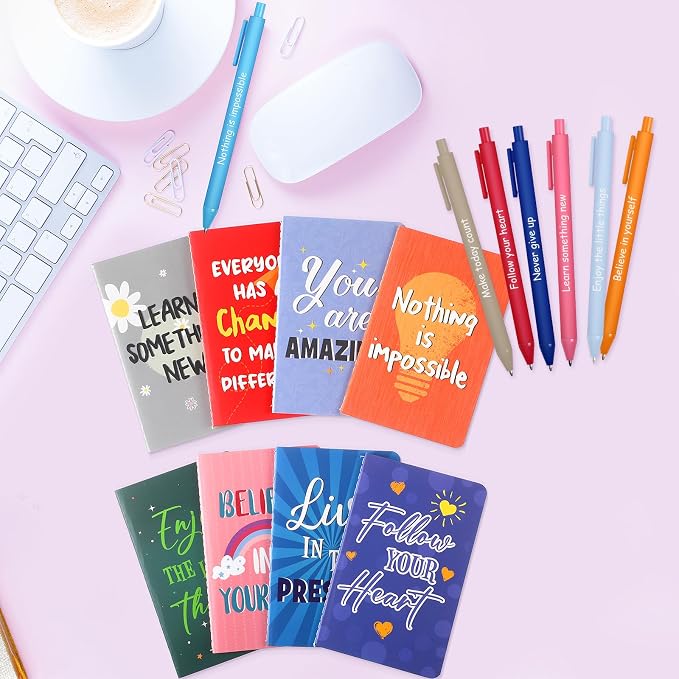 Funrous 32 Pcs Motivational Quote Pens Inspirational Notepads Mini Journal with Ballpoint Pen Small Notebooks Gift for Men Women Coworker Adult Party Favors Prize Teacher Student Office(Vibrant)
