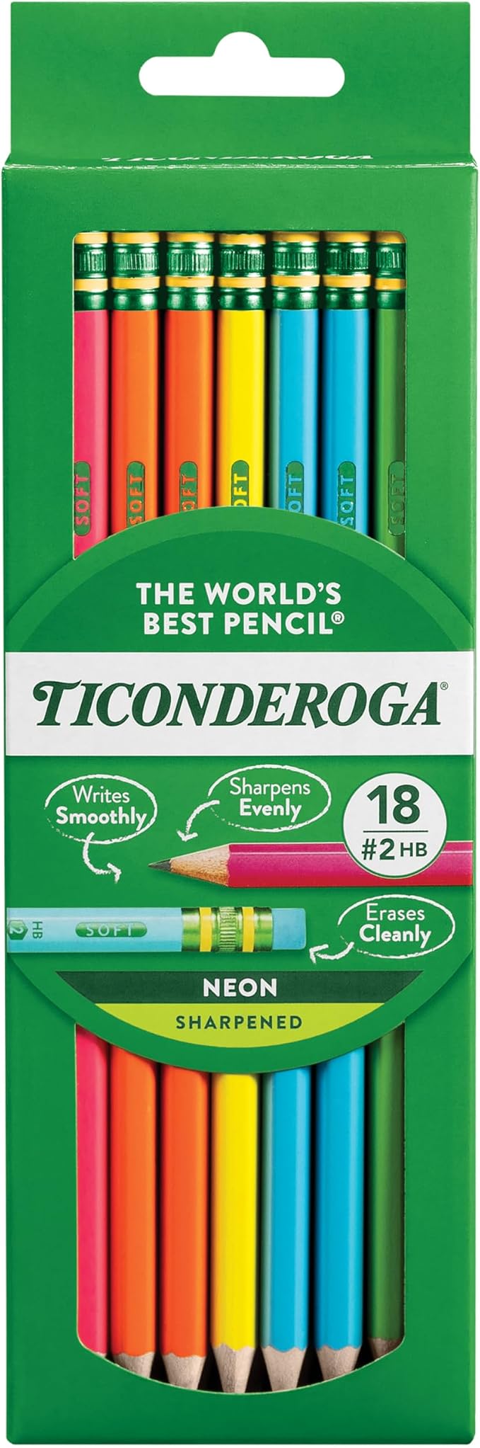 Ticonderoga Wooden Pencils, Pre-Sharpened #2 HB Soft, Neon Colors, 18-Count, 13018 (Pack of 72, 1296 Count Total)