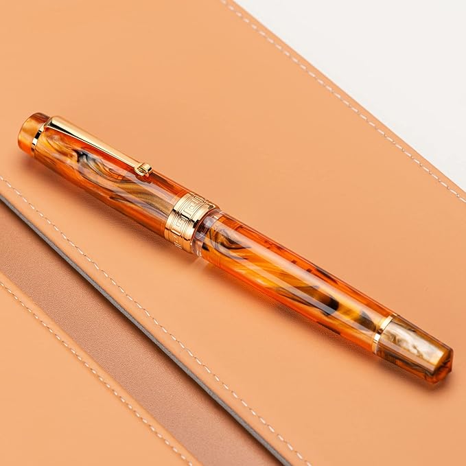 Asvine P20 Piston Fountain Pen Amber Resin, Iridium Medium Nib Gold Trim Smooth Writer Collection with Case Set