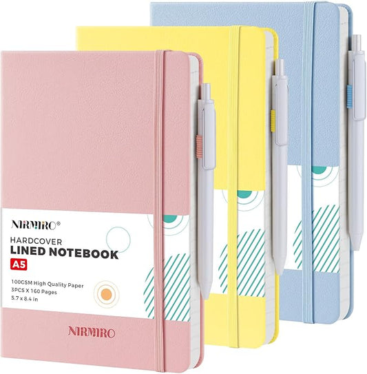 Lined Journal Notebook for Women Men, A5 (5.7"x8.4"), 3 Pack 160 Pages Hardcover Journaling Notebooks with Pen, 100GSM Paper, for Work,Writing,Travel,Business, School Office Supplies, Pink Yellow Blue