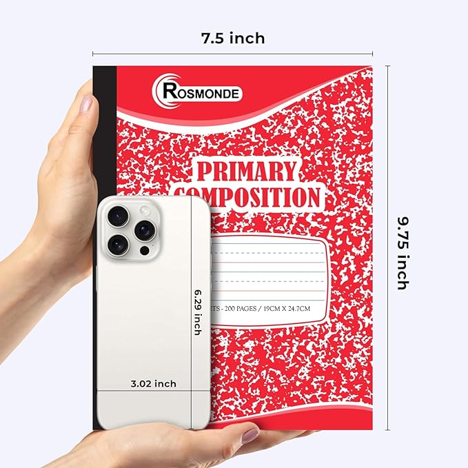 Rosmonde Primary Composition Notebooks, 5 Pack, Writing Dotted Lined | Composition Notebooks Primary Ruled, 200 Pages (100 Sheets), Grades K-2 Writing Workbook, 9-3/4" x 7-1/2", Assorted Marble