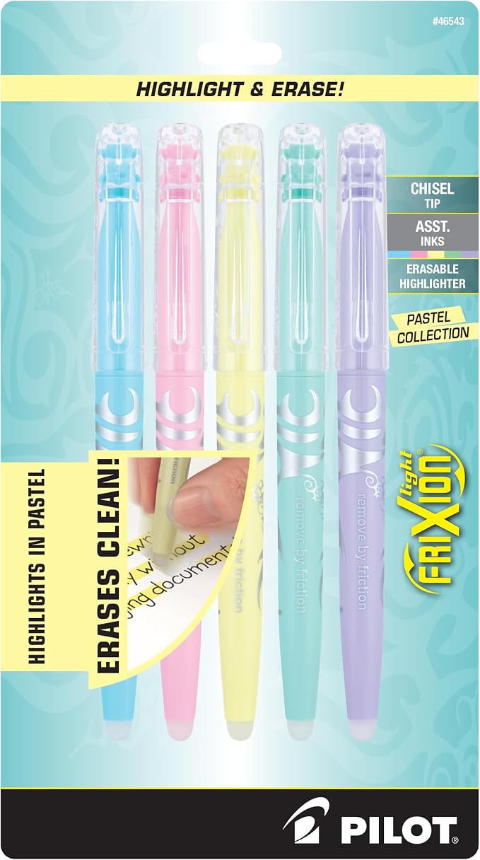 Pilot FriXion Light Pastel Collection Erasable Highlighters, Chisel Tip, Highlighter Pens, Assorted Color Inks, 5-Pack
