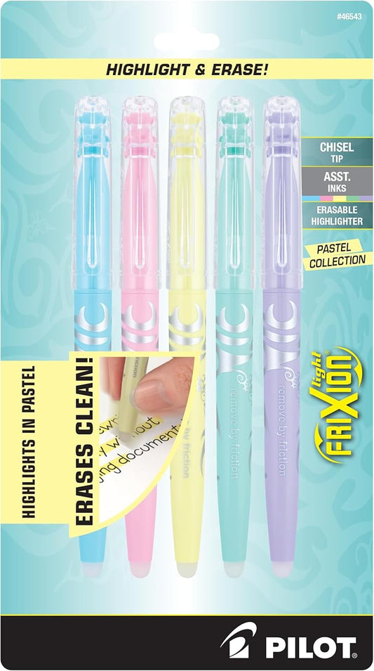 Pilot FriXion Light Pastel Collection Erasable Highlighters, Chisel Tip, Highlighter Pens, Assorted Color Inks, 5-Pack