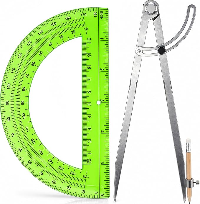 Zonon Professional 12 Inch Large Compass with Wing for Woodworking and 6 Inch Protractor Set, Pencil Compass for Geometry Math Carpenter, Drafting, Drawing Tool (Green)