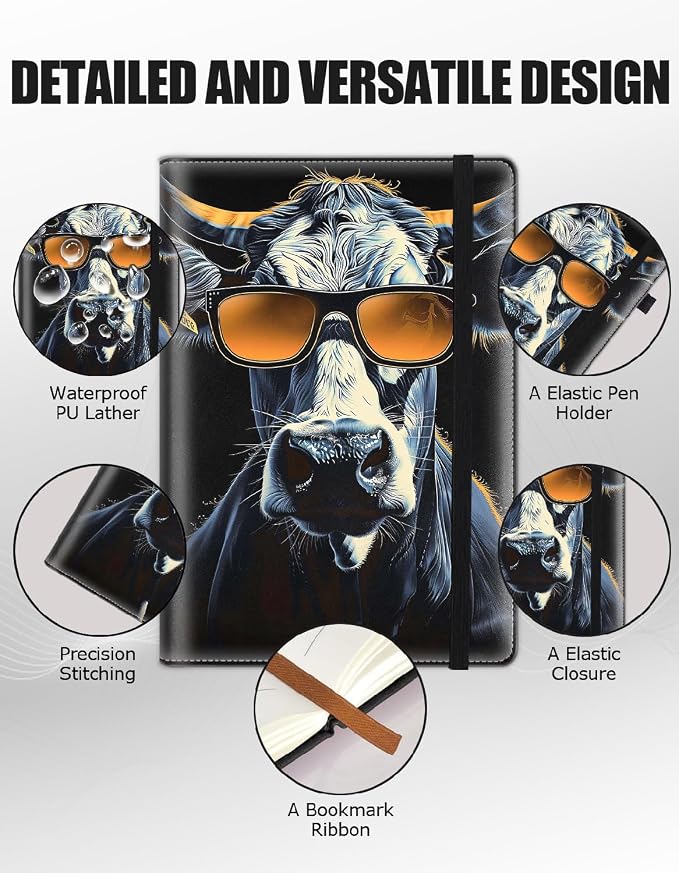 Hardcover Executive Notebooks, A5 PU Leather Lined Journal Notebook, 200 Pages Thick Paper Subject Notebooks for School,Work,Home Writing Business Notebook, Diary Book ，Cow Wearing Glasses