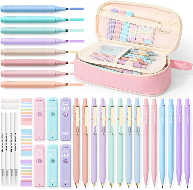 SUNEE 54PCS Aesthetic Stationery Set with Cute Pencil Case, 8 Color Pastel Highlighters, 8 Black Gel Pens, 6 Mechanical Pencils & Refills, College School Supplies for Students Girls Pink
