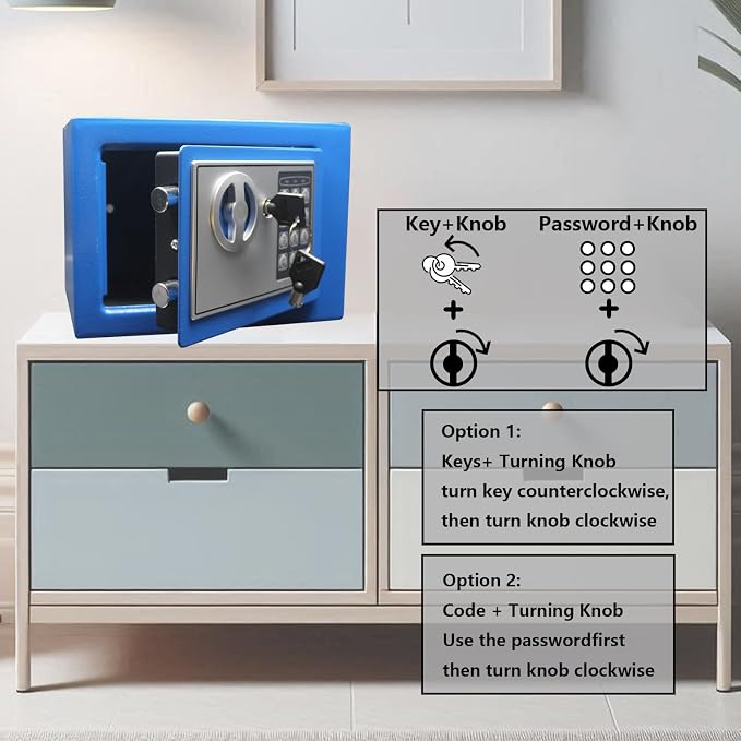 Yuanshikj Small Steel Security Safe Box with Keypad,Key;0.23 Cu Ft, Blue | Electronic Digital Secure,9.1" W x 6.7" D x 6.7" H,Hidden for Home Dorm Apartment Hotel Office Cash Jewelry Storage