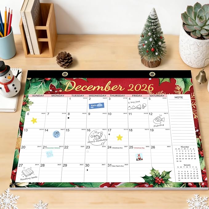 AECCN Desk Calendar 2026-2027 18 Months, 17" x 12" with Stickers | Ample Daily Writing Space | Thick No-Bleed Paper | Cute Flower Design | for Home, School & Office