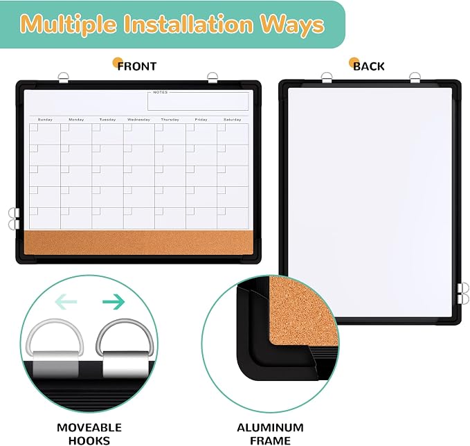 Monthly Calendar Whiteboard for Wall, 17x13 Inches Dry Erase Board with Cork Board Combo, Small Magnetic White Board, Double-Sided Hanging Portable Board for Office School Home Kitchen Planner, Black