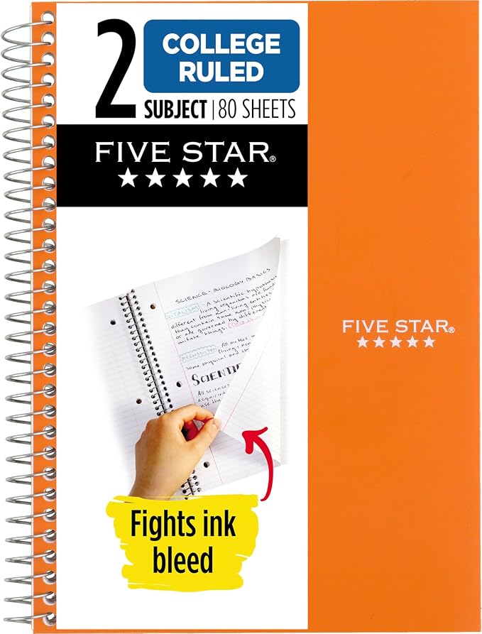 Five Star Spiral Notebook, 2 Subject, College Ruled Paper, 6" x 9-1/2", 80 Sheets, Fights Ink Bleed, Water Resistant Cover, Sedona Orange (840029CD1-ECM)