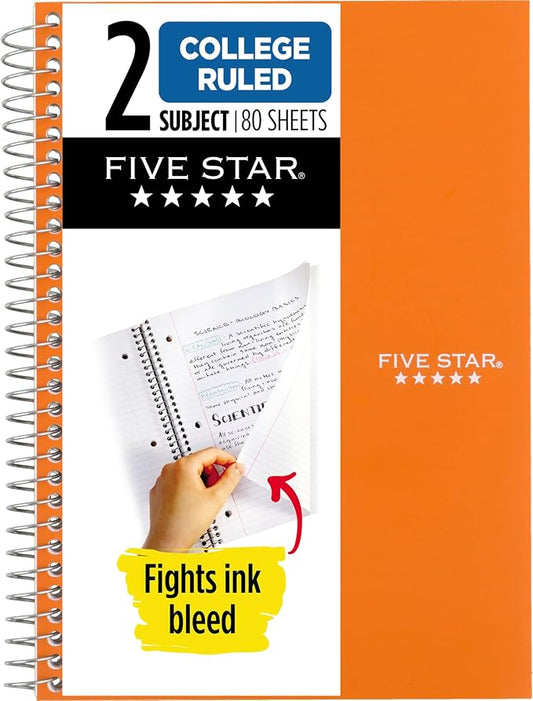 Five Star Spiral Notebook, 2 Subject, College Ruled Paper, 6" x 9-1/2", 80 Sheets, Fights Ink Bleed, Water Resistant Cover, Sedona Orange (840029CD1-ECM)