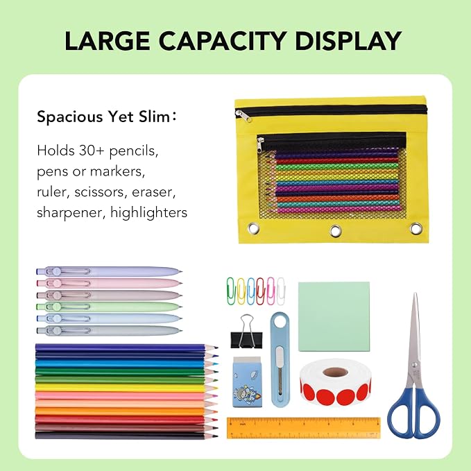 Pencil Pouch for 3 Ring Binder, Heavy Duty Canvas Dual Zipper Pen Bag with Clear Window, Smooth Metal Zipper, Fit Standard 3-Ring Binders for School Office Travel Supplies (Yellow)