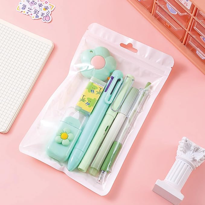 7 Pcs Cute Green Stationery Set Kawaii School Supplies Office Supplies Including Ballpoint Pens Pencil Sharpener Highlighter Correction Tape Eraser Utility Knife (Green)
