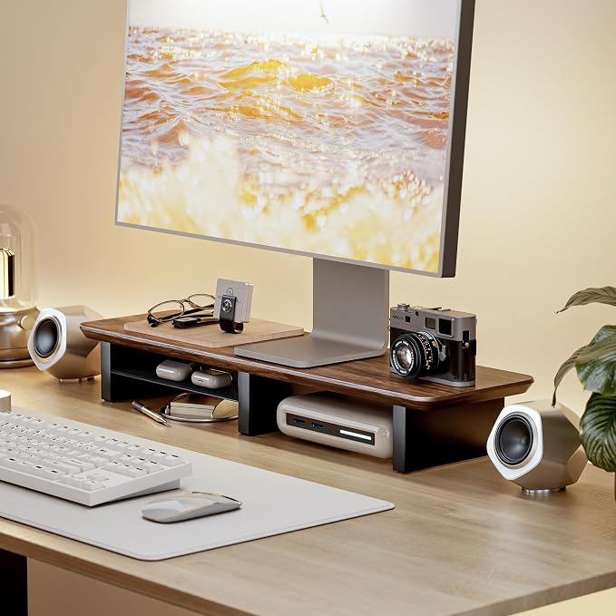 PEGZONE Dual Monitor Riser with Integrated Metal Shelf, Large Walnut Wooden Desk Shelf for 2 Monitors/TV, Monitor Stand Riser for Desk, Wood Monitor Stand Organizer for Home Office，Wide 31.5"