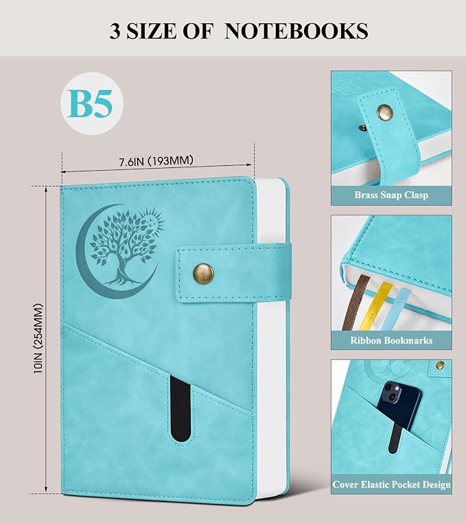 PAIBAS 7.6 x 10 Lined Notebook Journal 366 Pages Leather Journal for Men | Large notebook B5 journal with 100gsm lined notebook paper college ruled, 3 ribbon bookmarks, cover pocket & brass snap.