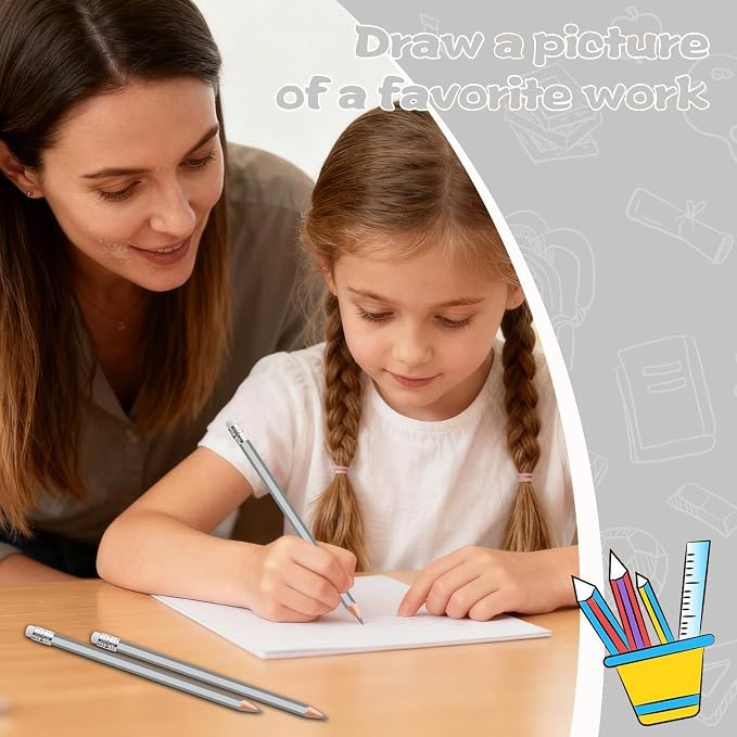 60 PCS Silver Pencils Bulk with Eraser, Pre-Sharpened HB Pencils for Writing & Drawing, School Supplies for Kids Homework, Tests, Art Crafts & Teacher Grading (Silver)