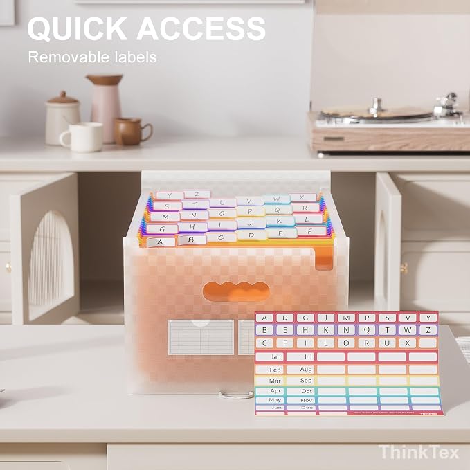 ThinkTex 26 Pockets Expanding File Folders, Accordion File Organizer | Monthly Bill Receipt Documents Organizer, A-Z Colorful Tabs, Letter/A4 Size for Classroom Office Home Hospital - Orange