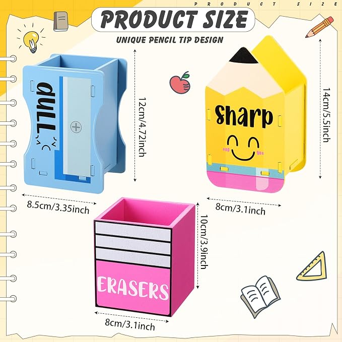 AmazingSpark 3 Pcs Pencil Shaped Holder Sharp and Eraser and Dull Holder Wooden Dispenser Pencil Storage Organizer for Back to School Management Organization(Cute)