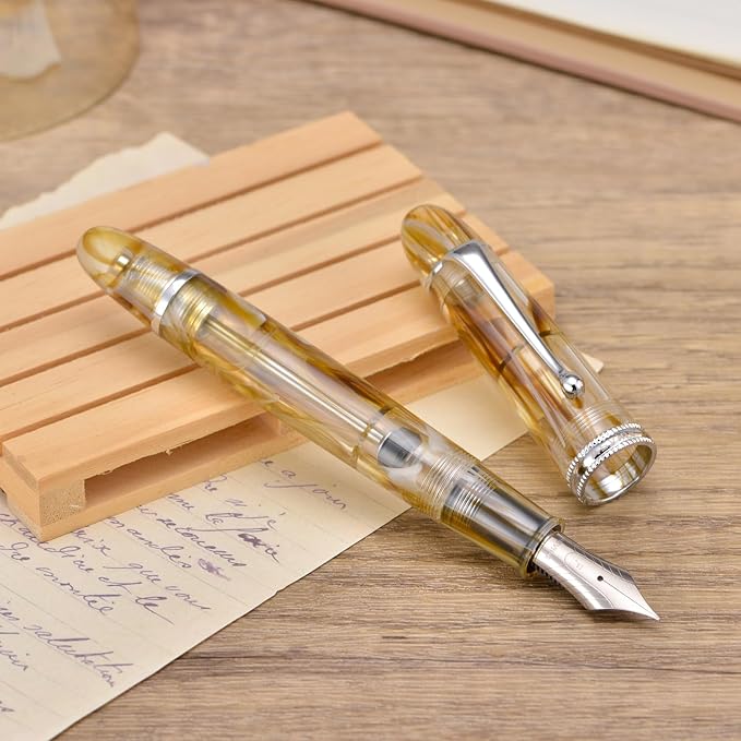 Asvine V800 Fountain Pen – Vacuum Filling System with Large Ink Capacity – Smooth Number 8 Medium Nib with Gift Case and Wrench- Brown White