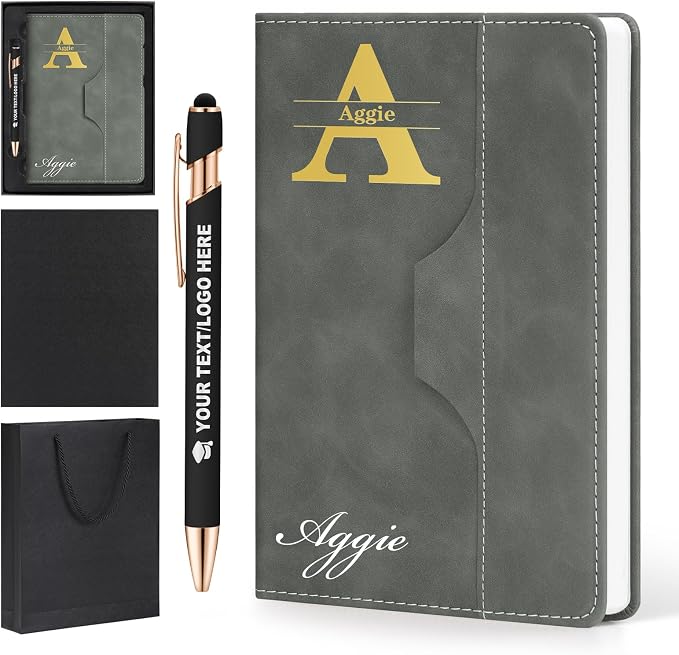 ENOMY Personalized Notebook Journal with Pen & Gift Box Custom Notebook A5 Hardcover Notebook Set for Men Women Lined Journal for Work College Graduation Xmas Gifts (Grey)