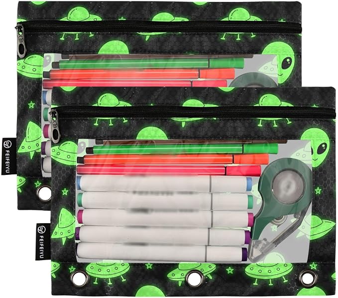 Alien UFO Pencil Pouches for 3 Ring Binder, Zipper Binder Pencil Case, 2 Pack Clear Window Case Bag for Office Organizers