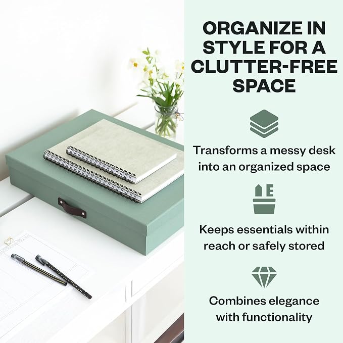 Bigso Sverker Fiberboard Document Storage Box with Lid for A3 and Legal Size Papers, Magazines, and Art - Sturdy, Stackable Keepsake Box with Leather Handle - W17.1in x D12.2in x H3.3in - Soft Teal