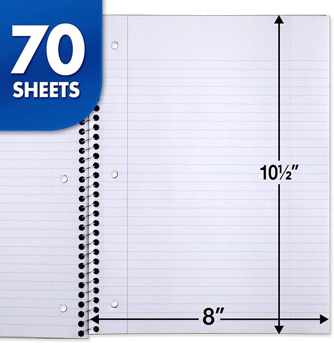 Mead Spiral Notebook, 1 Subject, College Ruled Paper, 7-1/2" x 10-1/2", 70 Sheets per Notebook, Colors Will Vary (73065) (Pack of 24)