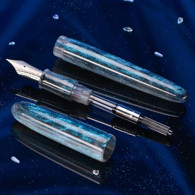 Asvine C80 Fountain Pen #8 Fine Nib Large Handcraft Pen with Converter Pen Case Collection Set (Light Blue Glitter)