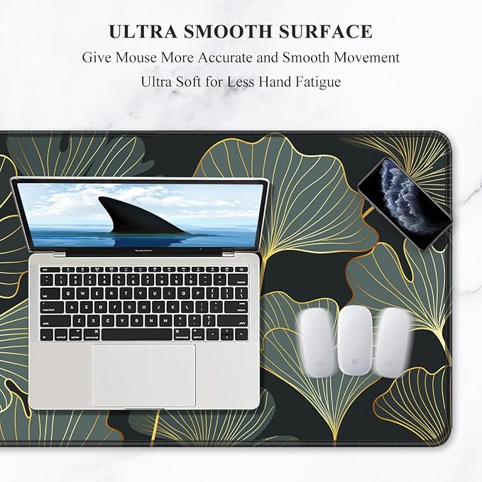 Auhoahsil Extended Mouse Pad, XXL Gaming Mouse Pads, Large Big Mousepad Laptop Computer Keyboard Mat Desk Pad with Non-Slip Base Stitched Edge for Gaming Office, 35.5 x 15.7 inch, Gold Line Leaves