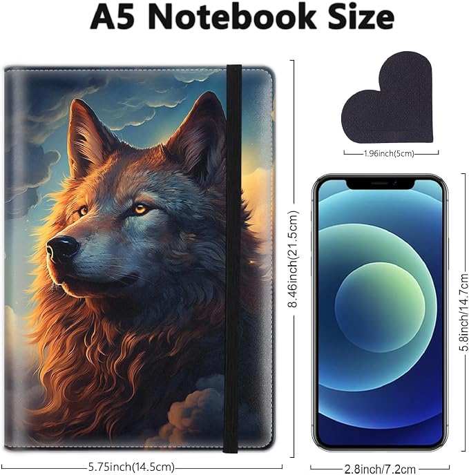A5 Leather Lined Journal Notebook, 200 Pages Hardcover Executive Notebook for Men Women Office School Note Taking, Thick Writing Paper Daily Journal with Bookmarks/Indexes, Wolf Art