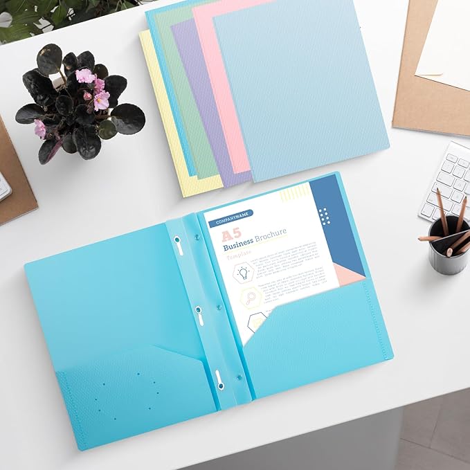 60-Pack Plastic andPockets and Prongs,2-Pocket and3 Fasteners, Pastel Folders Holds 8-1/2" x 11" Paper for School/Office/Home, Blue