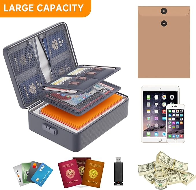 DocSafe 5200°F Fireproof Document Organizer Box with Lock, Gray (Soft) | Heat Insulated 8 Layers File Protection Bag,Water-Resistant Zipper,Portable Home Office Travel Safe Storage for Files,Laptop